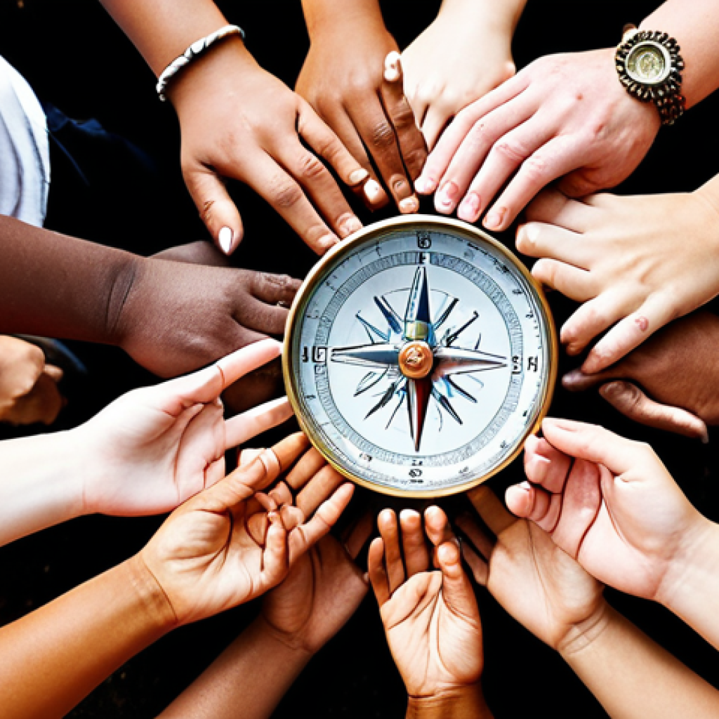 **

"A diverse community working together, hands intertwined, building a strong foundation representing shared values. Focus on unity, support, and resilience. Warm, inviting colors. Include imagery of a compass as a metaphor for guidance."

**