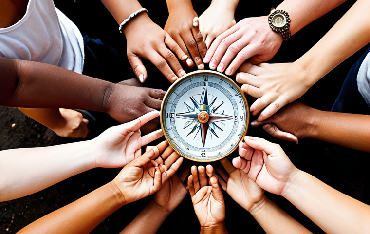 **

"A diverse community working together, hands intertwined, building a strong foundation representing shared values. Focus on unity, support, and resilience. Warm, inviting colors. Include imagery of a compass as a metaphor for guidance."

**