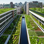 **Green Cityscape:** A vibrant cityscape showcasing green infrastructure integration. Feature lush green roofs, vertical gardens cascading down buildings, and a thriving city park in the foreground. Natural drainage systems like vegetated swales should be visible, harmonizing with modern architecture. The overall impression should be a sustainable and eco-friendly urban environment.