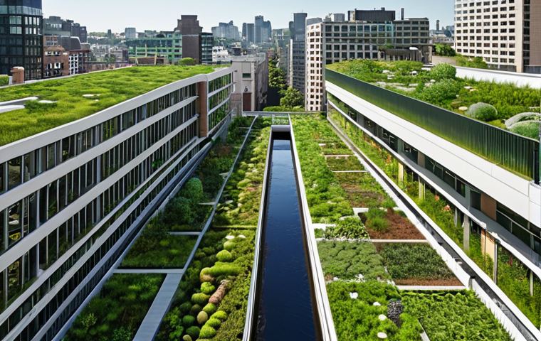 **Green Cityscape:** A vibrant cityscape showcasing green infrastructure integration. Feature lush green roofs, vertical gardens cascading down buildings, and a thriving city park in the foreground. Natural drainage systems like vegetated swales should be visible, harmonizing with modern architecture. The overall impression should be a sustainable and eco-friendly urban environment.