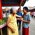 A heartwarming scene of a vibrant Malaysian community embracing social cohesion. Elderly folks and young people are seen happily interacting in a beautifully designed public park or community center, adorned with elements of traditional Malaysian architecture. In the background, a lively local market ("pasar") thrives, showcasing various micro and small businesses, symbolizing the strength of the local economy and intergenerational support within the community. The overall atmosphere is one of warmth, inclusivity, and strong social bonds ("kekitaan").