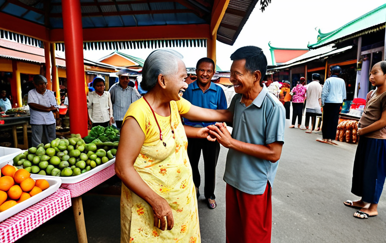 A heartwarming scene of a vibrant Malaysian community embracing social cohesion. Elderly folks and young people are seen happily interacting in a beautifully designed public park or community center, adorned with elements of traditional Malaysian architecture. In the background, a lively local market ("pasar") thrives, showcasing various micro and small businesses, symbolizing the strength of the local economy and intergenerational support within the community. The overall atmosphere is one of warmth, inclusivity, and strong social bonds ("kekitaan").